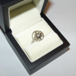 Une rose des vents en or blanc avec un petit diamant en son centre.